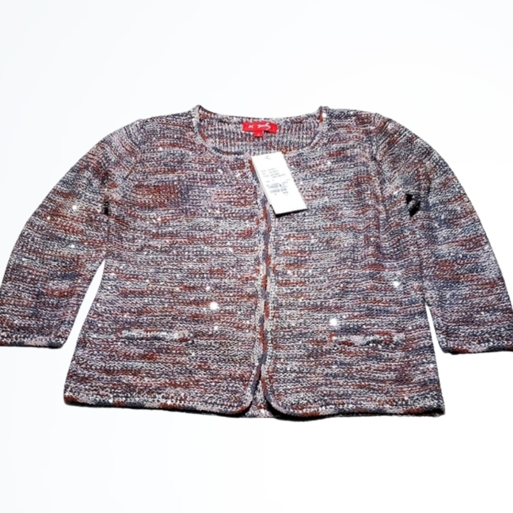 Derby Sequin Accent Grey Brown Silver Clasp Front 3/4 Sleeve Cardigan Size S NWT